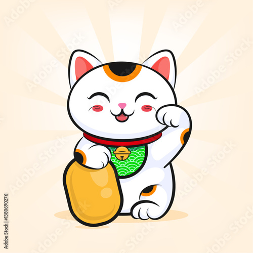 Cute cartoon Maneki Neko, traditional Japanese lucky cat. Maskot vector logo or icon design, simple line art illustration, Feng Shui symbol of purity, happiness, positivity