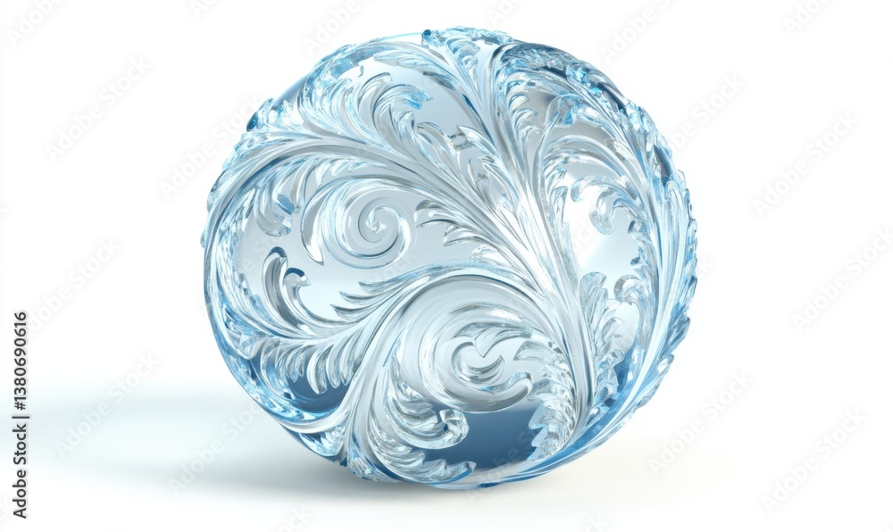 Ornate glass sphere with swirling, frosty design on white Ornate glass sphere with swirling, frosty design on white