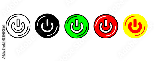 Power button. ON and OFF set icons. Vector black and flat icon, energy sing symbol, Power switch, electricity turn on off, icon, sticker, badge. Editable vector icon set