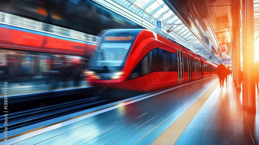 A modern red train rapidly moving through a bright, contemporary railway station setting. A modern red train rapidly moving through a bright, contemporary railway station setting.