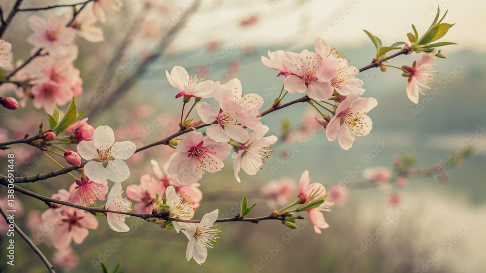 Delicate Spring Blossoms on a Branch, a Beautiful Floral Background Delicate Spring Blossoms on a Branch, a Beautiful Floral Background
