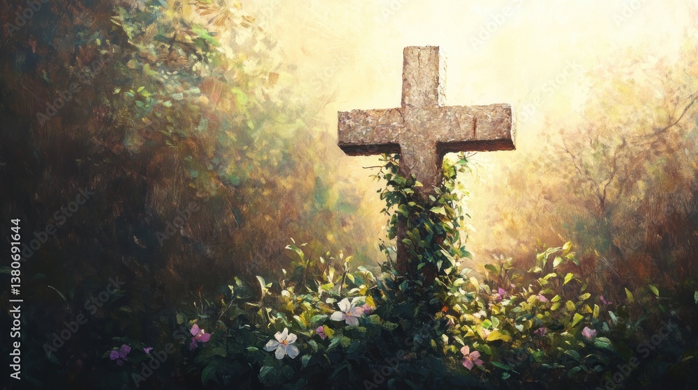Easter cross amidst blooming nature, painted with delicate light and shadow Easter cross amidst blooming nature, painted with delicate light and shadow
