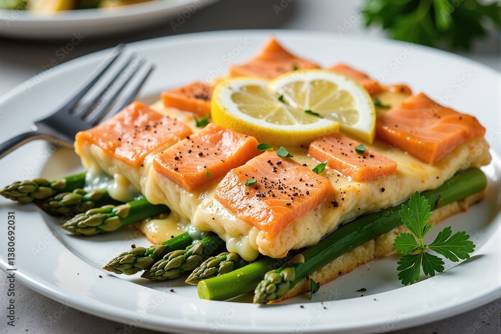 Closeup of a salmon and asparagus gratin with lemon slices on a white plate. Closeup of a salmon and asparagus gratin with lemon slices on a white plate.