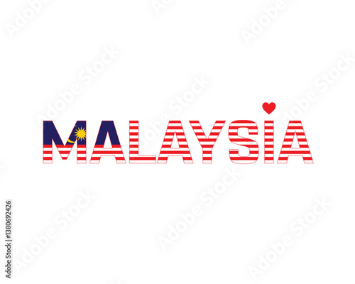 I love Malaysia, I love Malaysia typographic design with flag typography and heart on white background, Vector design of I love Malaysia, Malaysia National Day Design