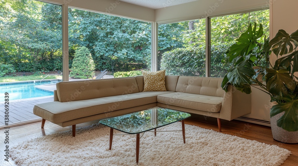 Obraz premium Modern Living Room with Mid-Century Sofa and Pool View in Nature
