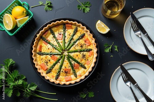 Overhead shot of a delicious asparagus and salmon quiche, served with lemon slices and parsley garnish.  Perfect for food blogs or culinary websites.