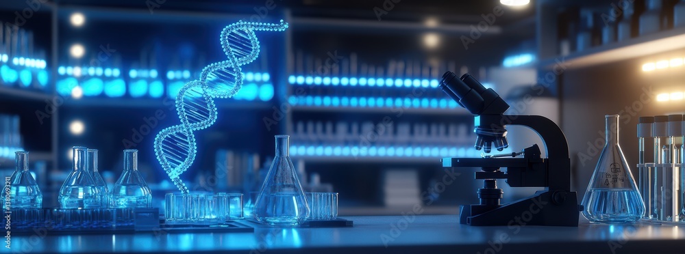 laboratory scene featuring microscope and glassware, illuminated by blue lights, with 3D rendering of DNA double helix in background, creating futuristic atmosphere