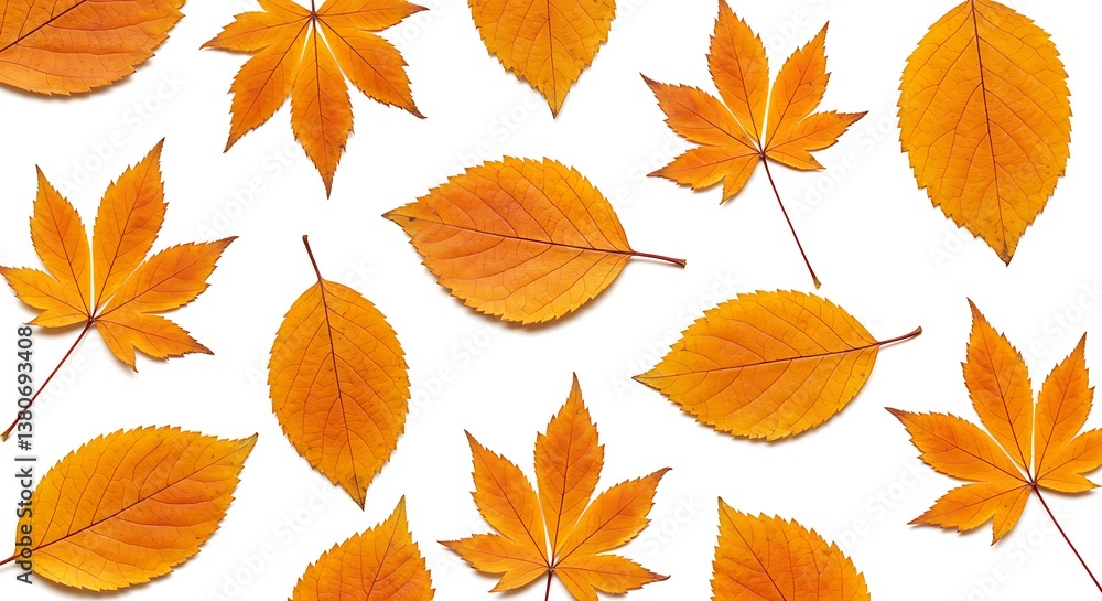 Obraz premium Autumn Leaves Pattern, Orange Fall Foliage, White Background AI Generated