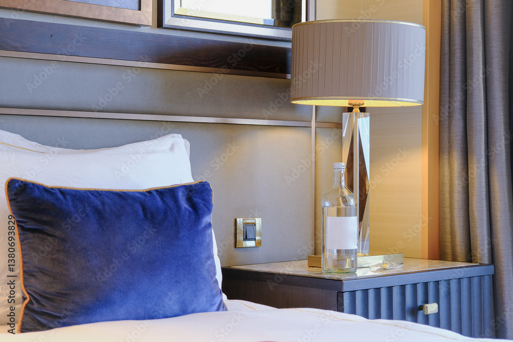 Luxurious ocean view or oceanview or outside balcony veranda cabin stateroom suite queen king double bed on luxury ocean liner cruiseship cruise ship in classic classy interior Art Deco style design