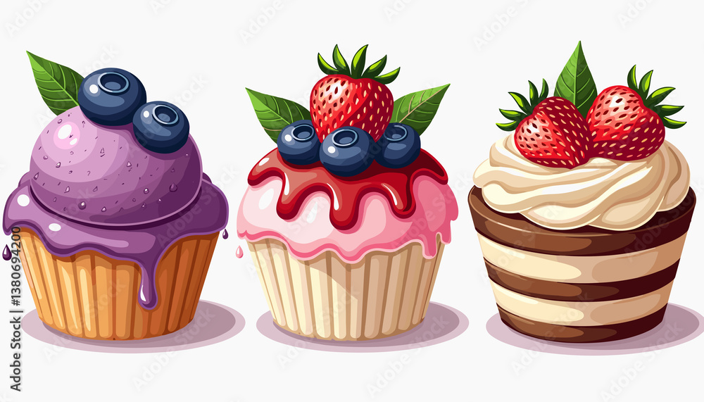 Illustration of three colorful delicious pastries on a light background with space for text. Illustration of three colorful delicious pastries on a light background with space for text.