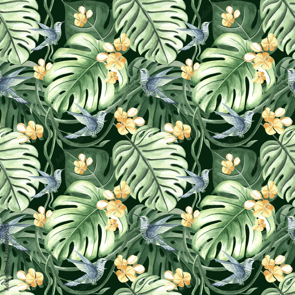 Obraz premium Tropical leaves, hummingbird and yellow orchid flowers watercolor illustration. Botanical seamless pattern for rainforest design. Hand drawn monstera, phalaenopsis and lush foliage of jungle plants.