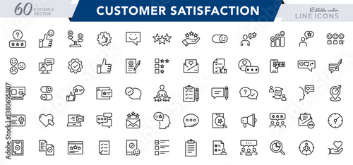 Customer satisfaction, feedback, testimonials line icon set. Survey, customer review, five star, opinion, ratings, response, support, client satisfaction outline icon pack. UI thin outline icon pack