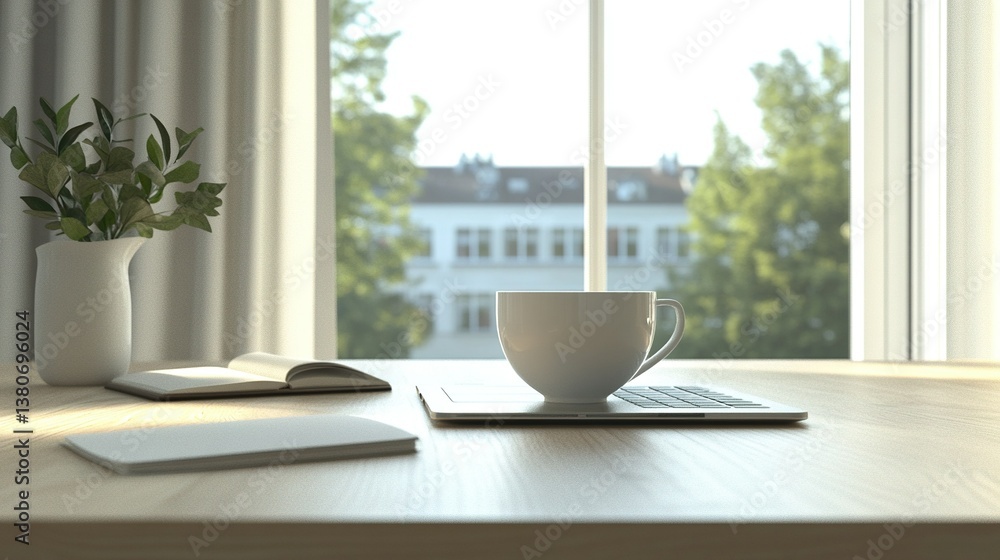 Minimalist modern workspace with stylish laptop, open notebook and white ceramic coffee cup, light oak table, soft natural sunlight streaming through the window, Scandinavian design in neutral tones. Minimalist modern workspace with stylish laptop, open notebook and white ceramic coffee cup, light oak table, soft natural sunlight streaming through the window, Scandinavian design in neutral tones.