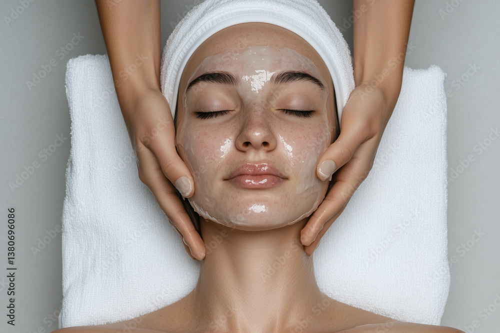 woman receiving facial treatment in modern spa setting, showcasing relaxation and skincare. serene atmosphere enhances beauty and technology of experience