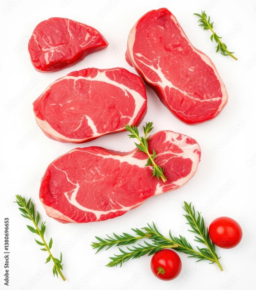 Fresh raw beef steaks on pristine white background, stock photo, food, catering Fresh raw beef steaks on pristine white background, stock photo, food, catering