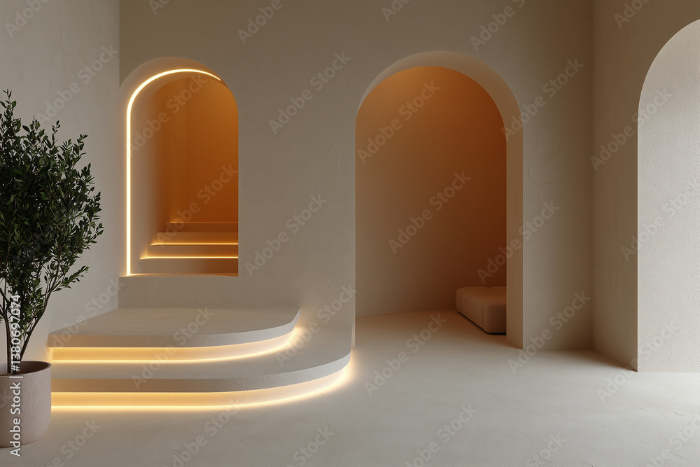serene interior featuring curved surfaces, warm lighting, and minimalist design. space includes steps, arches, and potted plant, creating calming atmosphere