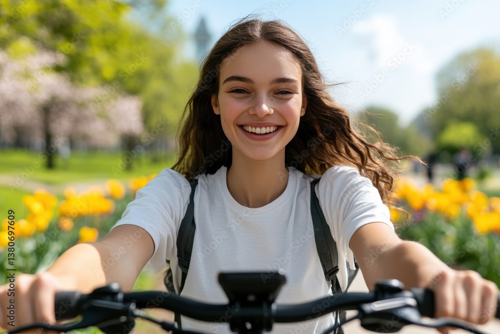 Obraz premium A young girl beams with joy as she rides her bicycle through a vibrant park filled with blooming flowers, capturing the essence of freedom and youthful exuberance.