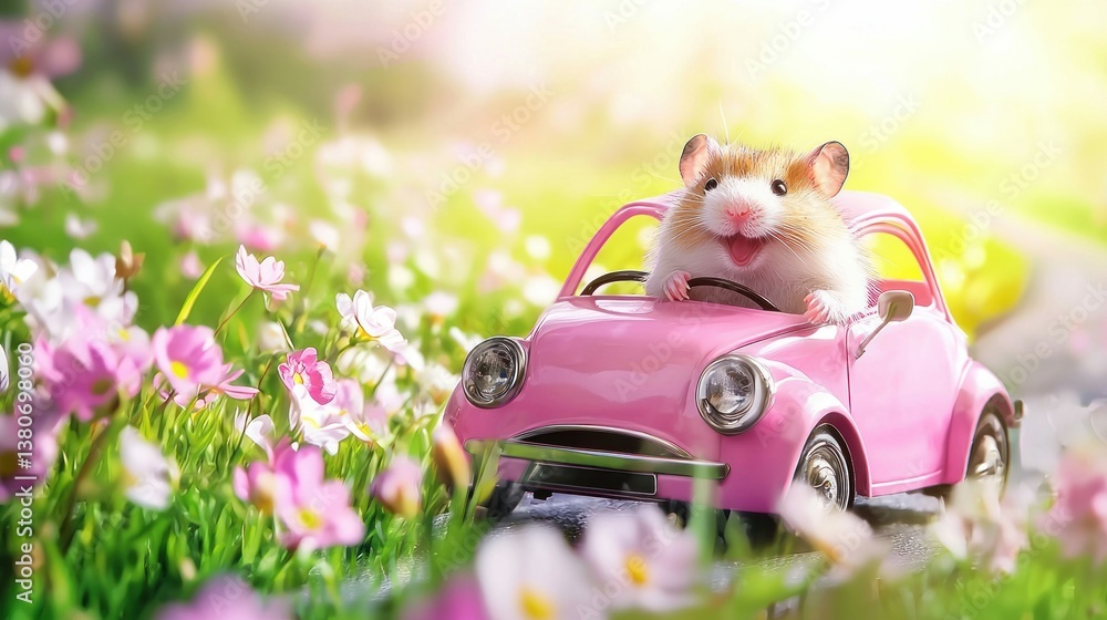 A happy hamster enjoys a scenic drive in a cute pink car, surrounded by beautiful flowers. A happy hamster enjoys a scenic drive in a cute pink car, surrounded by beautiful flowers.
