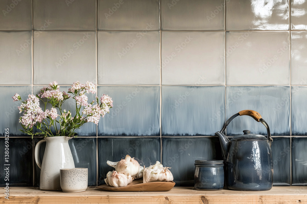 serene kitchen scene featuring glazed ombre tiles transitioning from deep indigo to soft gray. arrangement includes vase of flowers, teapot, and garlic on wooden shelf, creating cozy atmosphere
