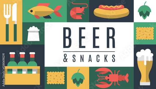 Beer bar poster banner glass mug bottle restaurant snack menu holiday geometric background vector pattern