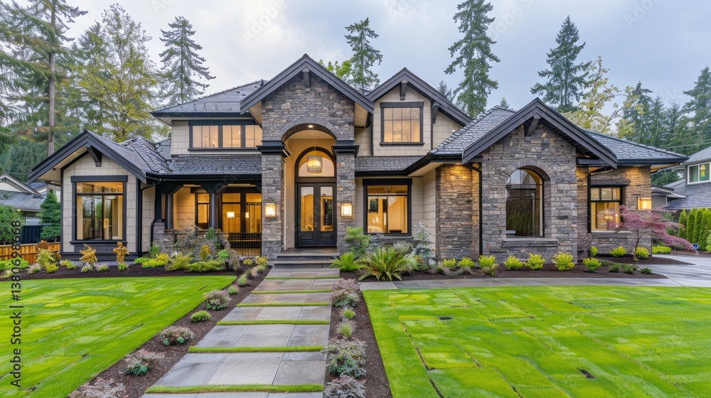 Luxurious modern home with elegant exterior and lush landscaping, ideal for sophisticated living in picturesque setting Luxurious modern home with elegant exterior and lush landscaping, ideal for sophisticated living in picturesque setting
