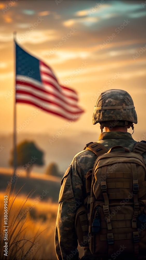 Patriotic scene of a soldier standing in military uniform with the U.S. flag waving in the background on a calm evening Patriotic scene of a soldier standing in military uniform with the U.S. flag waving in the background on a calm evening