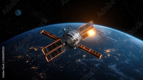 Wallpaper Mural A satellite orbits Earth, capturing sunlight amidst the dark expanse of space, highlighting our planet's illuminated surface. Torontodigital.ca