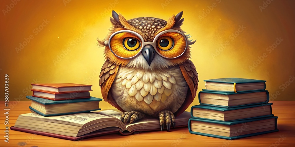 Wise Owl Reading Books, Yellow Background Stock Photo Wise Owl Reading Books, Yellow Background Stock Photo