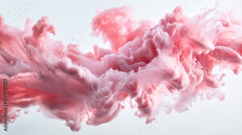 Soft pastel pink ink dissolving in water, forming ethereal floating wisps that resemble soft fabric flowing in slow motion