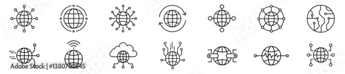 Global network and technology line editable icons set. Vector illustration in modern thin line style of internet and digital communication icons. connectivity, cloud systems, data exchange - stock vec