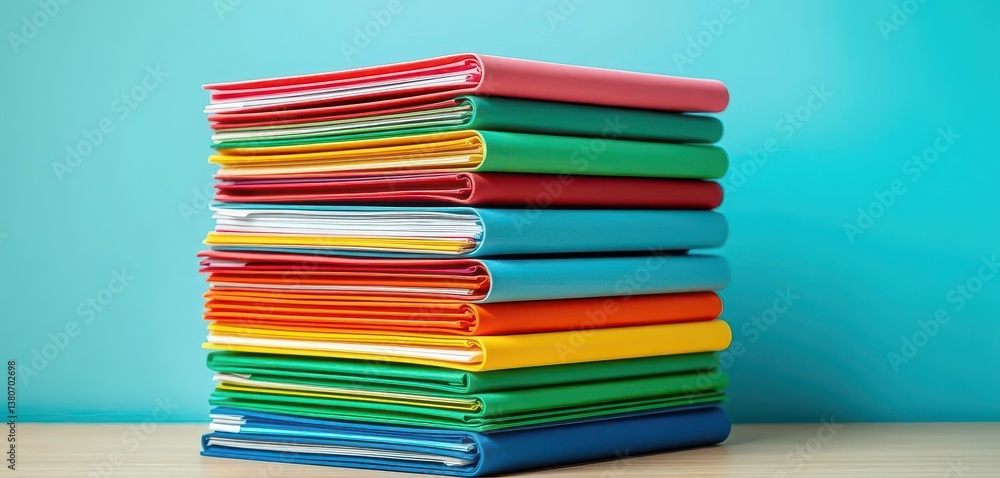 Neat stack of rainbow-colored folders against a light blue wall, work, bright