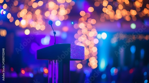 A podium at a charity gala with sparkling lights and elegant decor