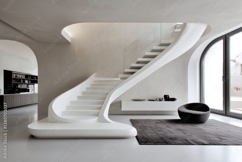 Minimalist architectural design featuring floating staircase in modern interior. sleek lines and soft curves create harmonious and elegant atmosphere
