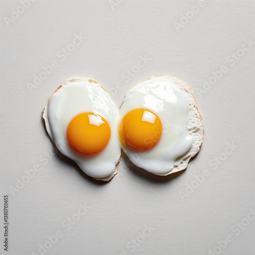 Two fried eggs on a white background. Top view.