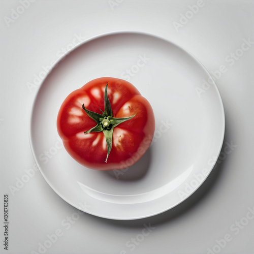 Red ripe tomato on a white plate. Top view.