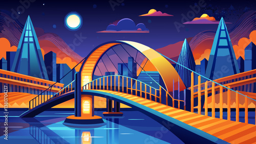 Modern bridge night, day and orange light blue.