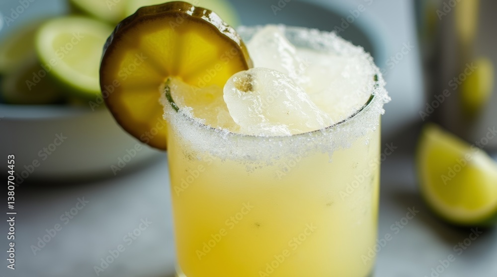 Refreshing frosty pickle margarita with salted rim and pickled cucumber garnish Refreshing frosty pickle margarita with salted rim and pickled cucumber garnish