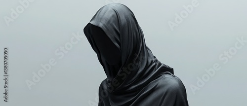 A person is wearing a hooded cloak and is looking down