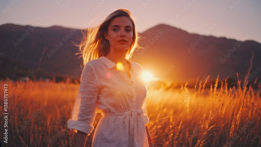 Obraz premium A person stands in a green field with the sun setting in the background, with long shadows and warm light