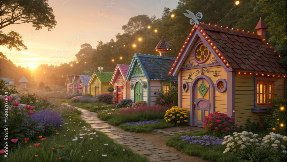 Obraz premium A magical garden filled with tiny houses painted in rainbow colors, surrounded by whimsical flowers. The golden glow of the setting sun casts a warm, enchanted light over the colorful houses,