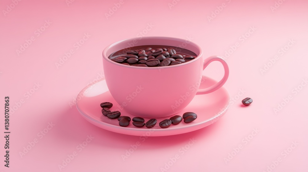 Pink coffee cup, beans, saucer, pink background, minimalist food photography Pink coffee cup, beans, saucer, pink background, minimalist food photography