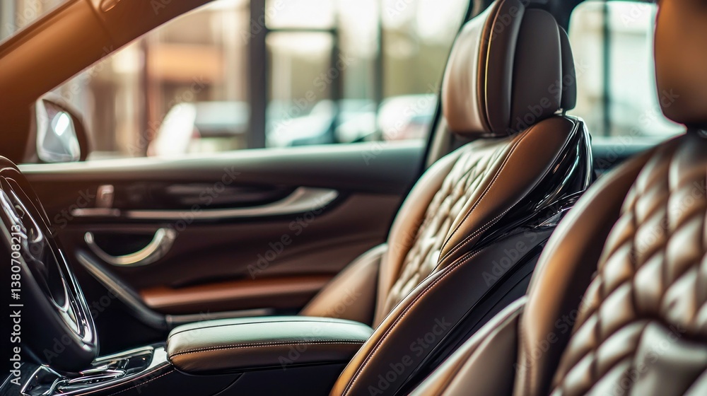 Obraz premium Close-up view of a luxury car interior with exquisite brown leather seats and intricate stitching.