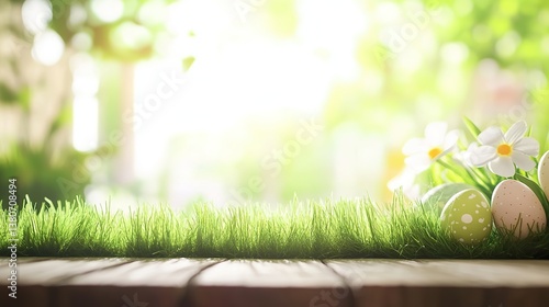 Easter concept scene with grass, a wooden table and Easter eggs in a nature style. Blurred background, Easter decorations and enough copy space for product display in natural lighting.