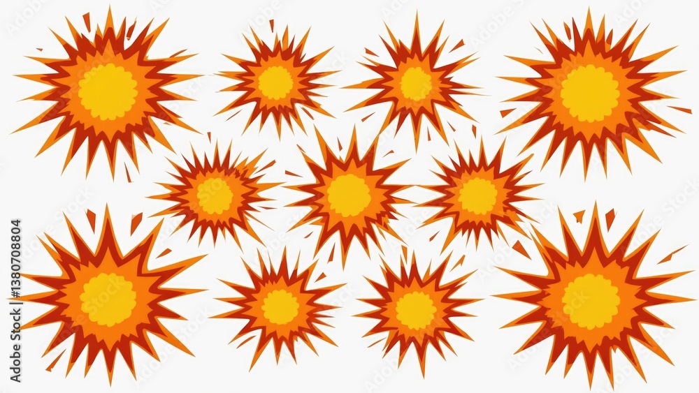 A set of bright orange and yellow starbursts, perfect for celebrations or decoration A set of bright orange and yellow starbursts, perfect for celebrations or decoration
