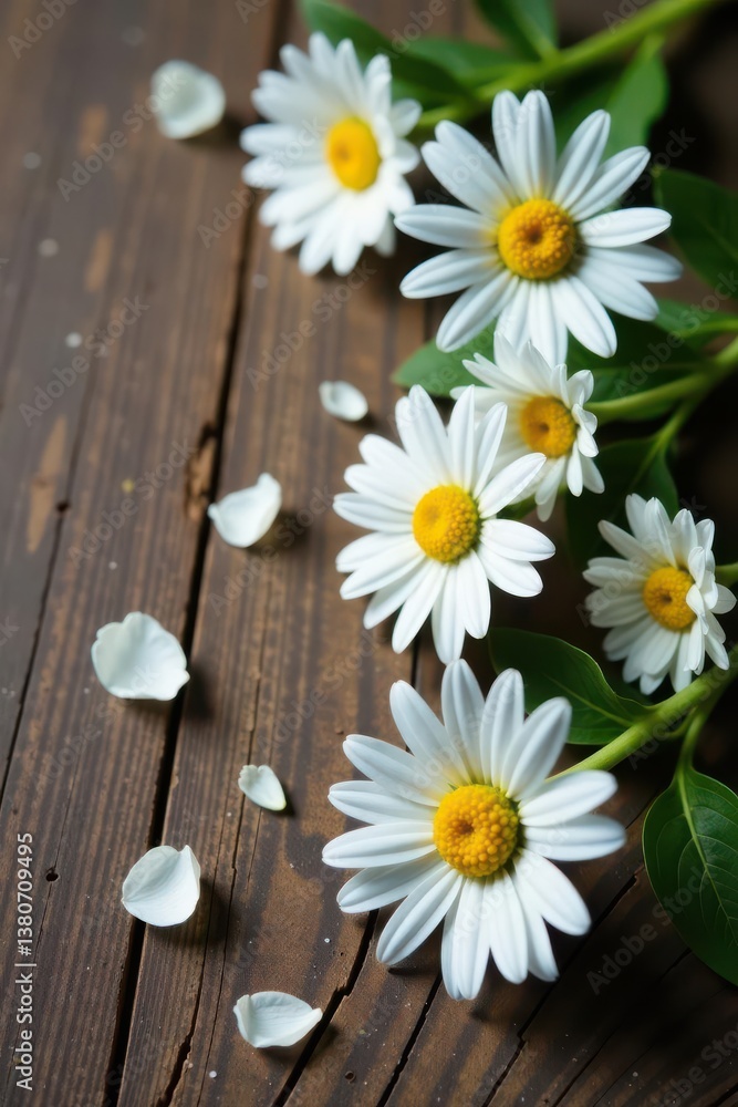 Fototapeta premium Delicate white daisies scattered on rustic wood , art, image, detail