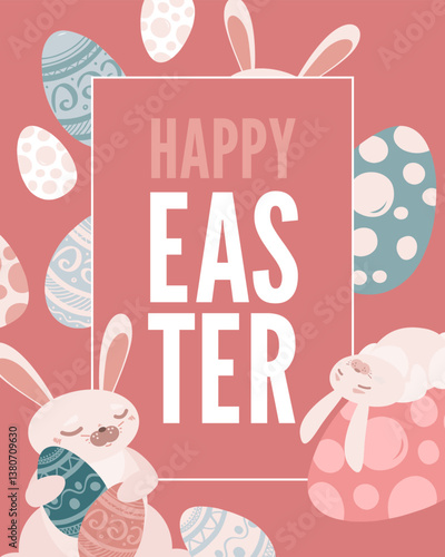 Happy Easter vector banner template. Cute bunny holding big eggs. Pastel pink holiday poster design. Many simple elements signs set. Flat cartoon style card. Funny festive layout. Social media post