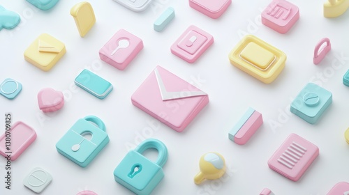Pastel 3D icons; email, security, app, white background; website design