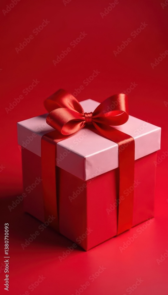 Fototapeta premium Elegant gift box with satin ribbon, red background, shiny, macro