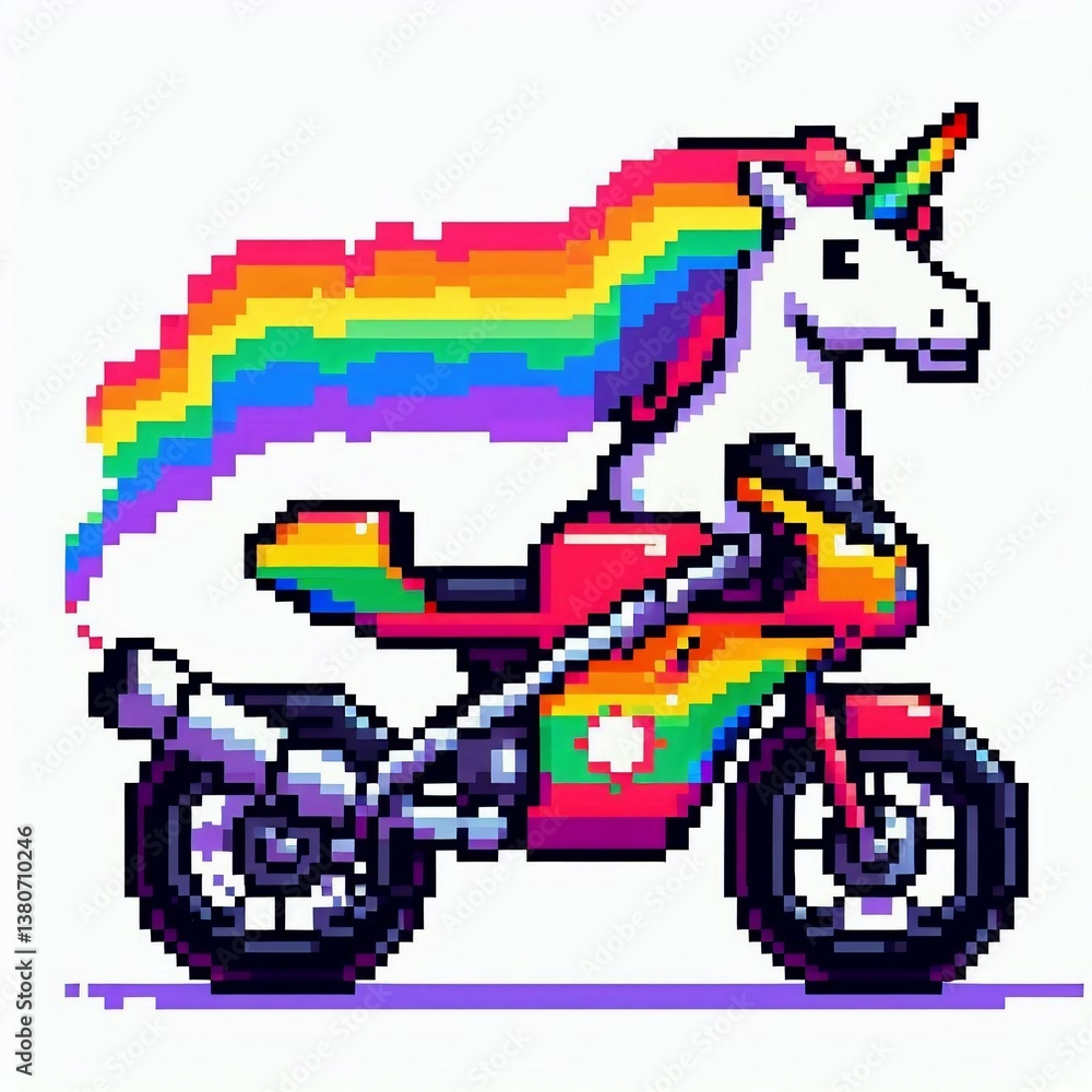 Fototapeta premium Rainbow Unicorn Motorcycle Pixel Art Suitable for Art Exhibition