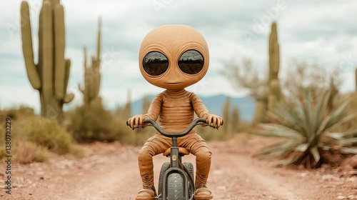 Tan Alien Figurine on Bicycle in Desert Landscape
